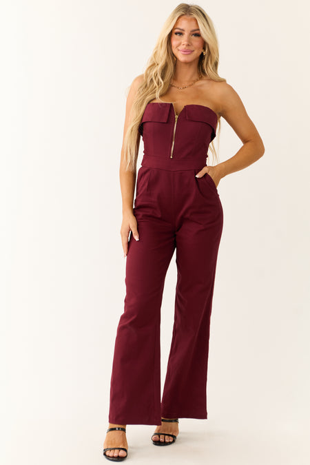 Wine Strapless Zip Up Front Jumpsuit