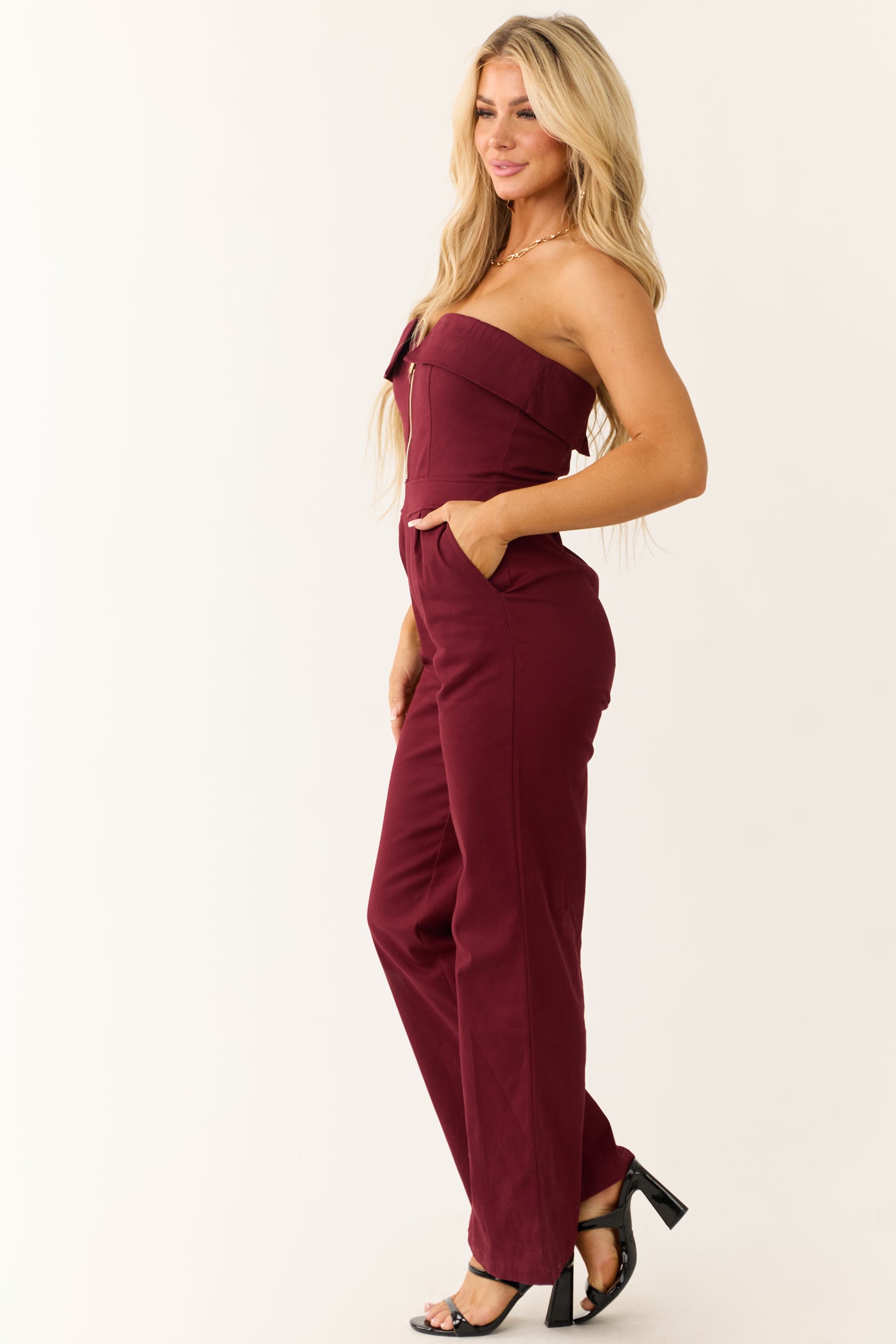 Wine Strapless Zip Up Front Jumpsuit