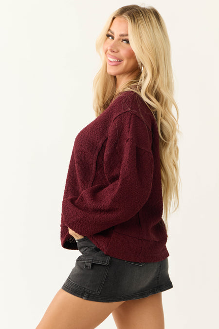 Wine Textured Long Sleeve Sweater