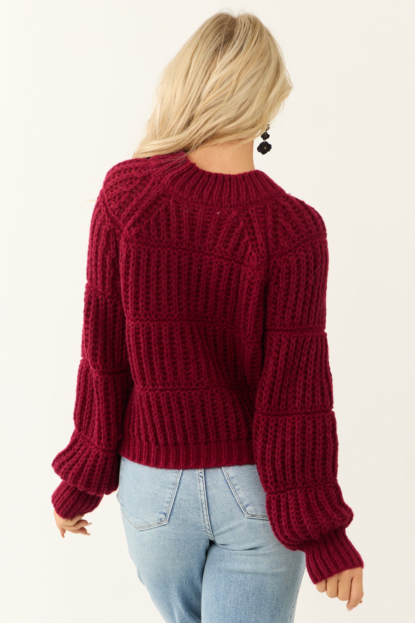 Wine Thick Crochet Knit Tiered Sweater