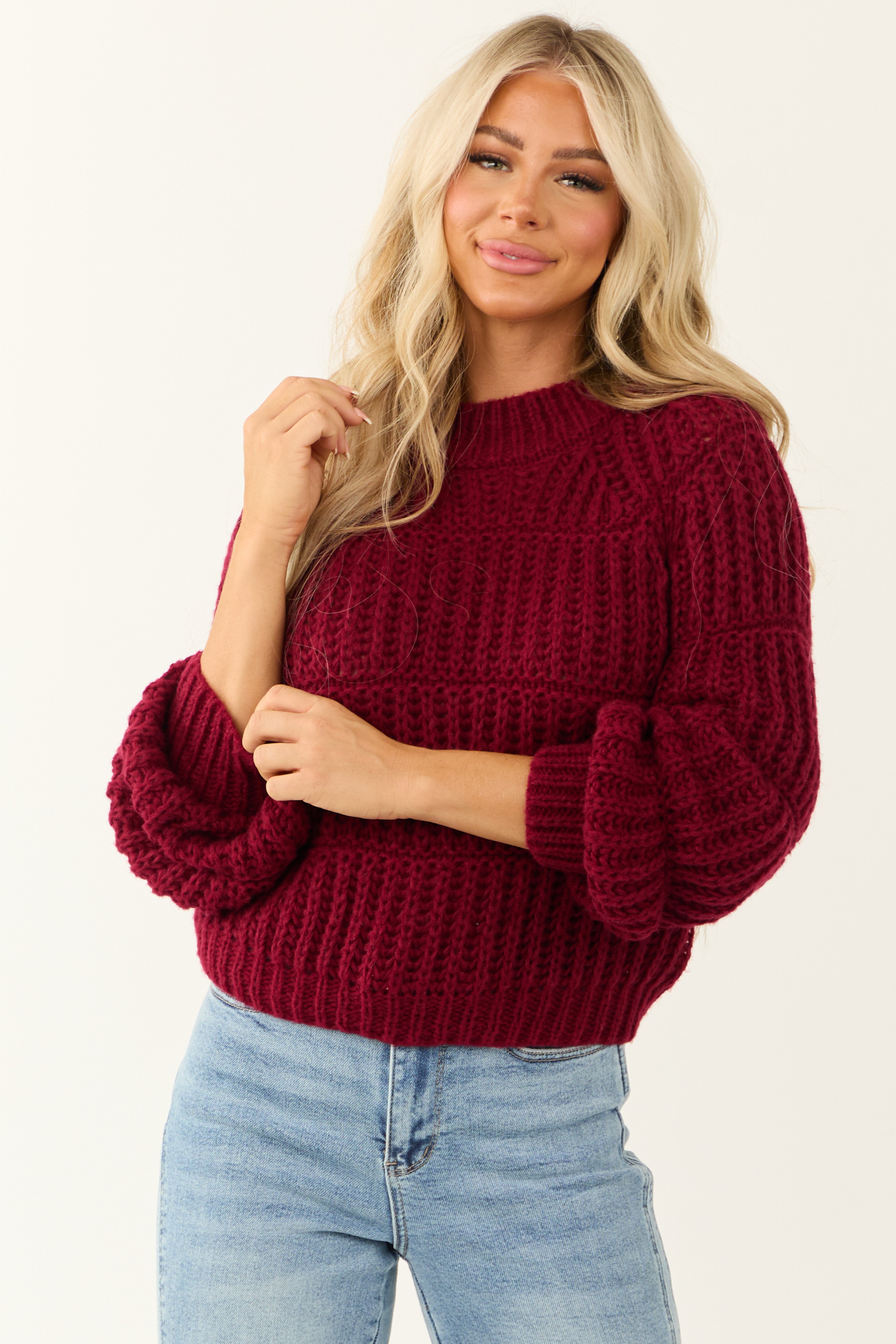 Wine Thick Crochet Knit Tiered Sweater