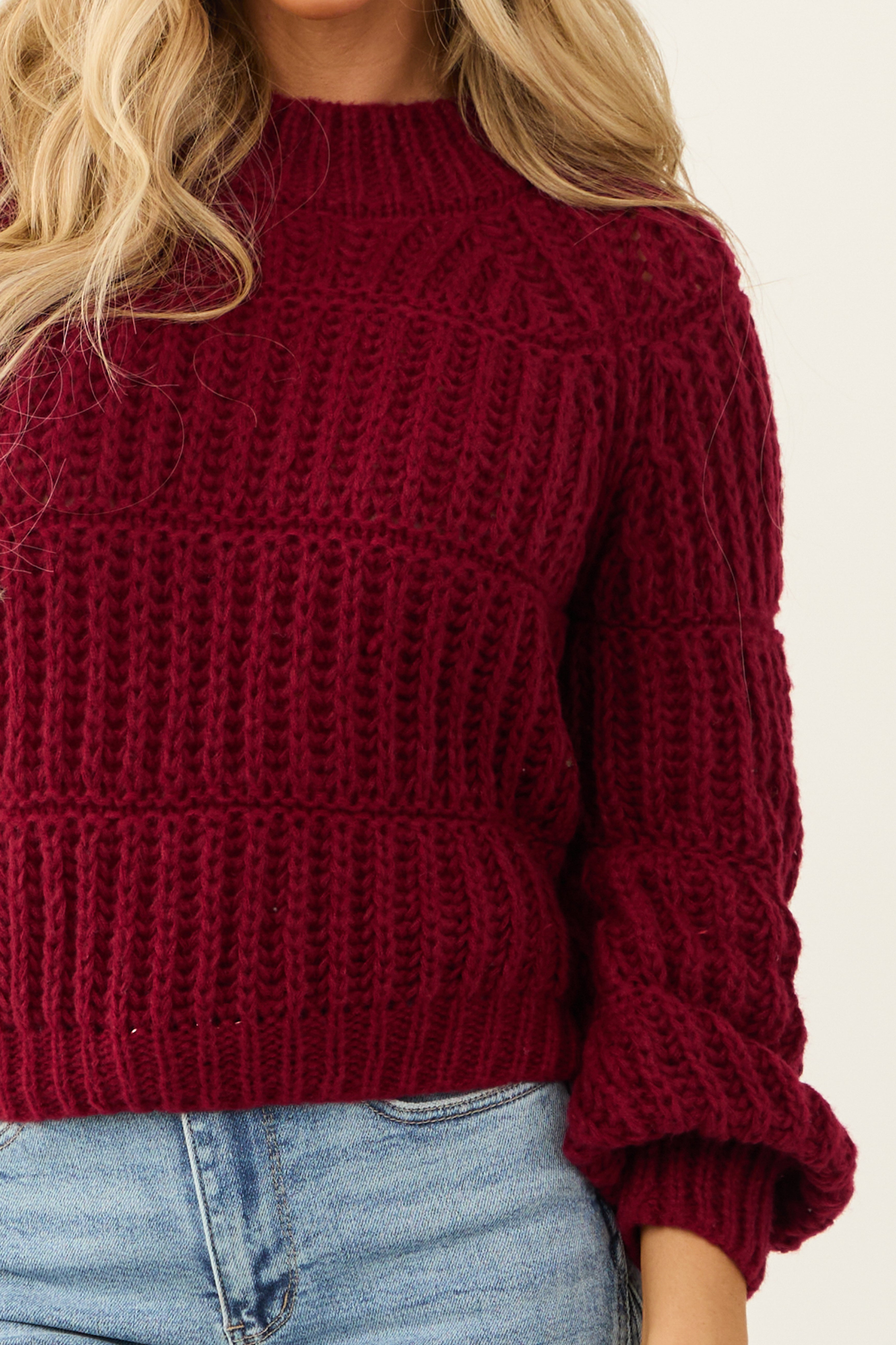 Wine Thick Crochet Knit Tiered Sweater