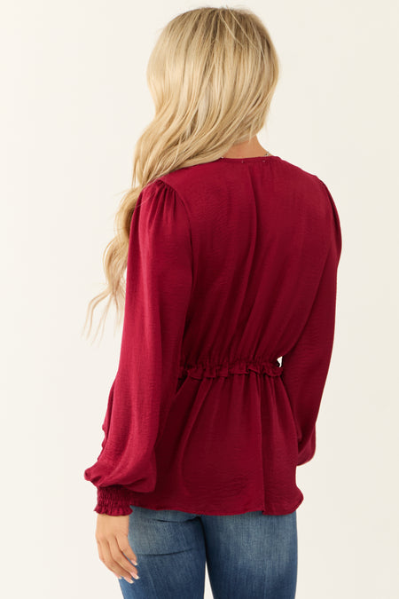 Wine V Neck Babydoll Ruffle Long Sleeve Top