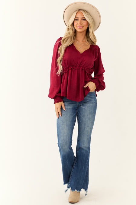 Wine V Neck Babydoll Ruffle Long Sleeve Top