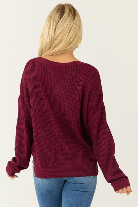 Wine V Neck Chest Pocket Knit Sweater