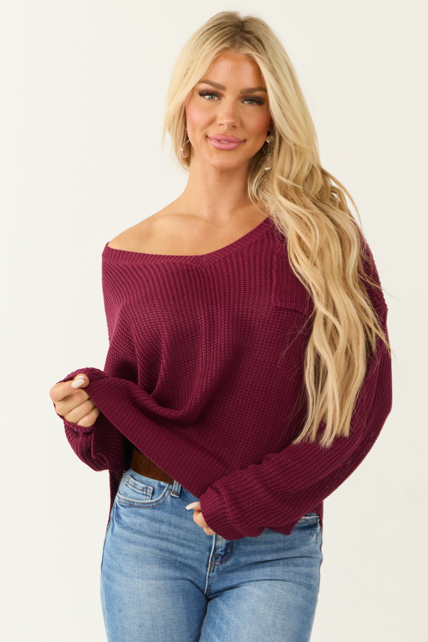 Wine V Neck Chest Pocket Knit Sweater