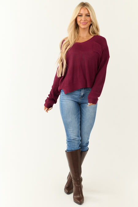 Wine V Neck Chest Pocket Knit Sweater