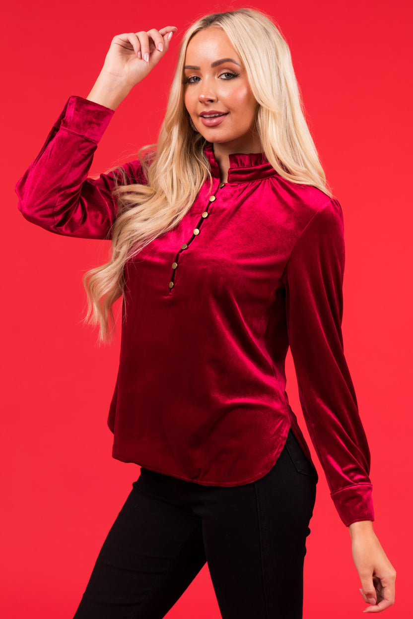 Wine Velvet Frilled Neck Half Button Top