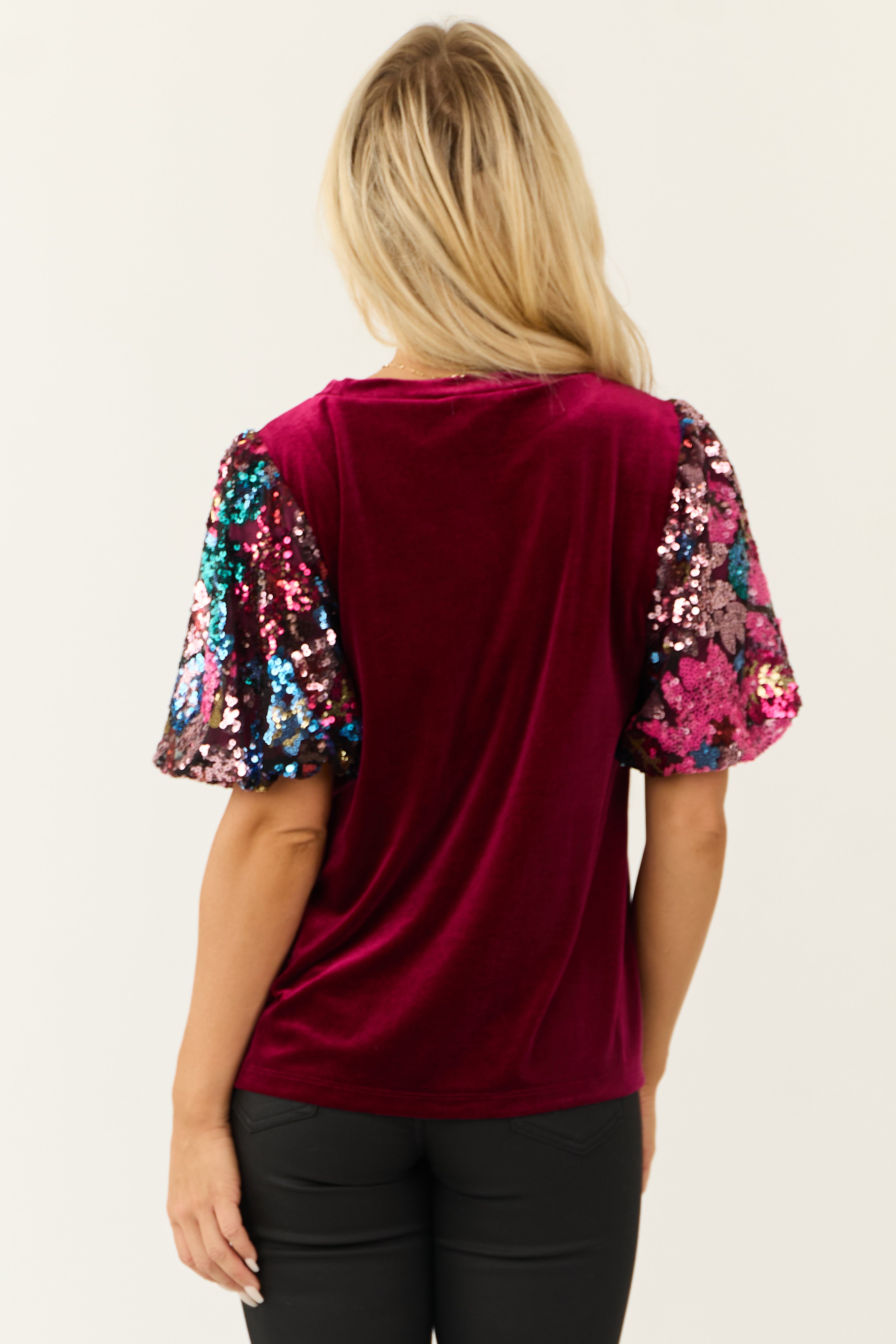 Wine Velvet Half Sequin Puff Sleeve Top