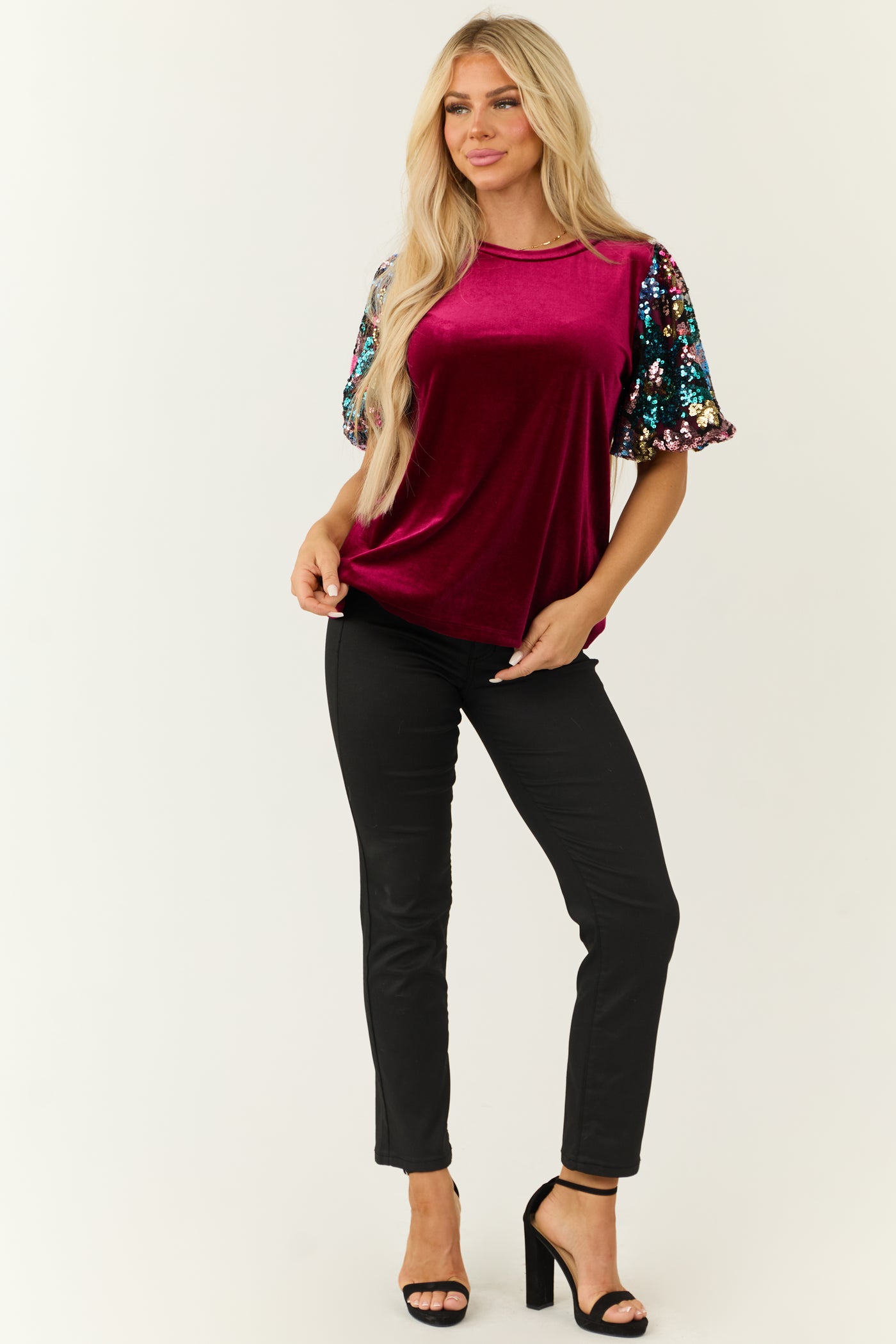 Wine Velvet Half Sequin Puff Sleeve Top