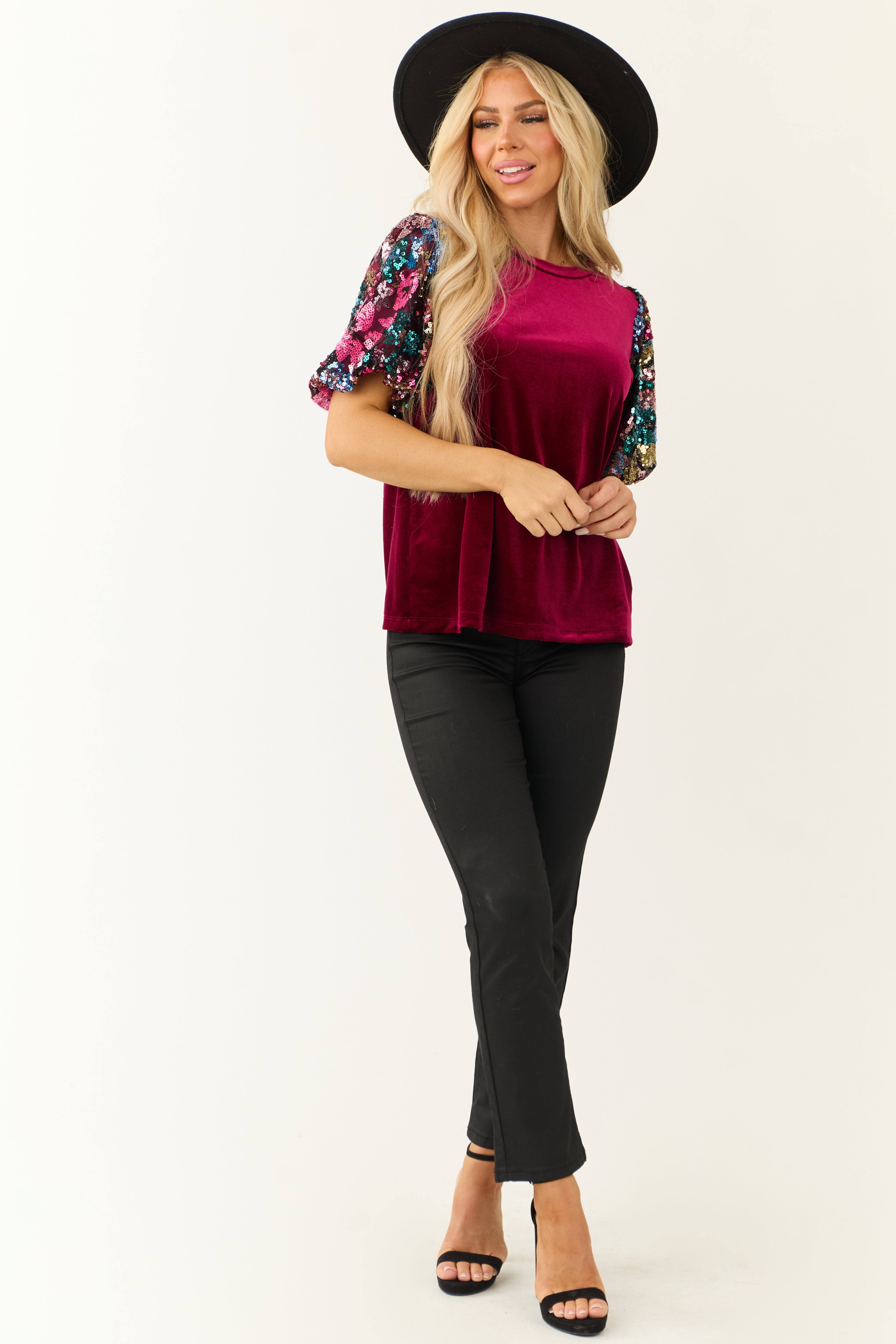 Wine Velvet Half Sequin Puff Sleeve Top