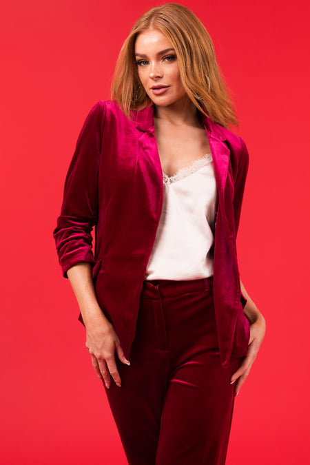 Wine Velvet Ruched 3/4 Sleeve Collared Blazer