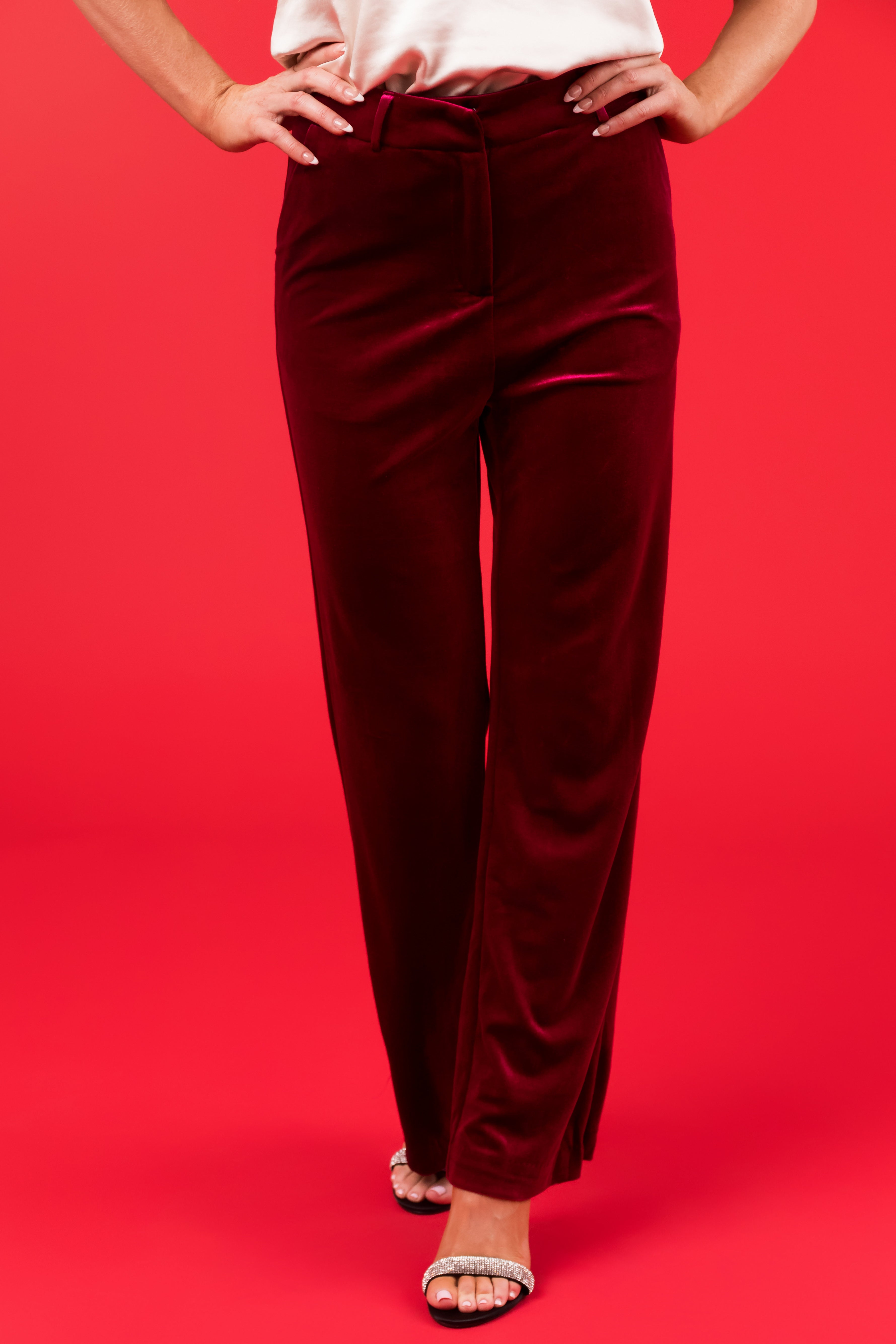 Wine Velvet Straight Leg High Rise Pants