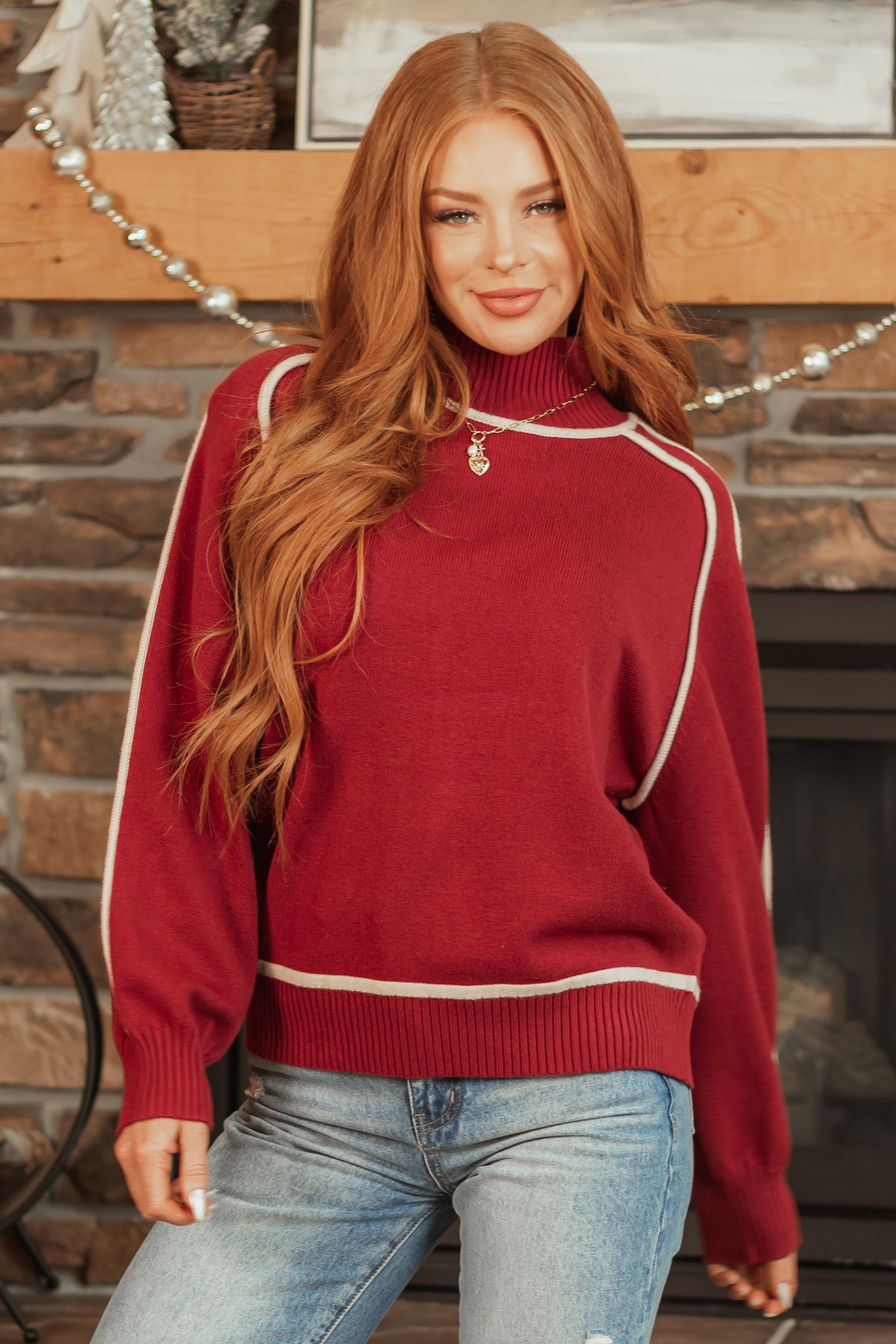 Wine Contrast Ivory Trim Mock Neck Sweater