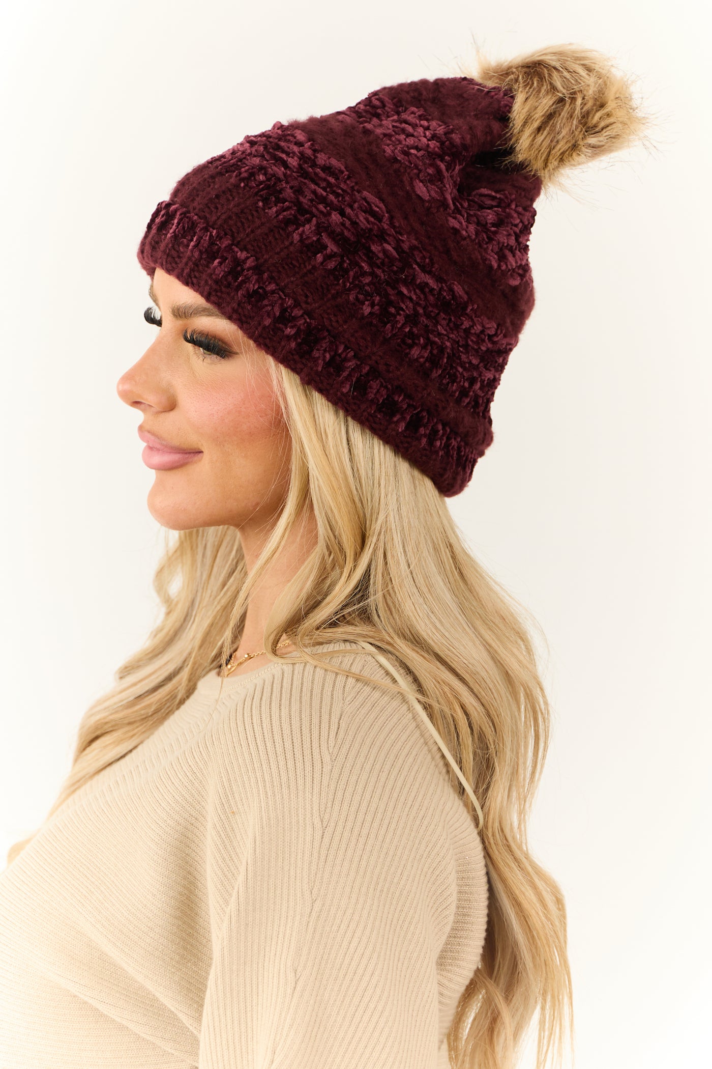 Wine Striped Chenille Knit Pom Pom Beanie