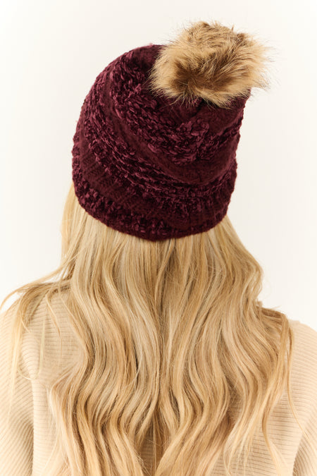 Wine Striped Chenille Knit Pom Pom Beanie