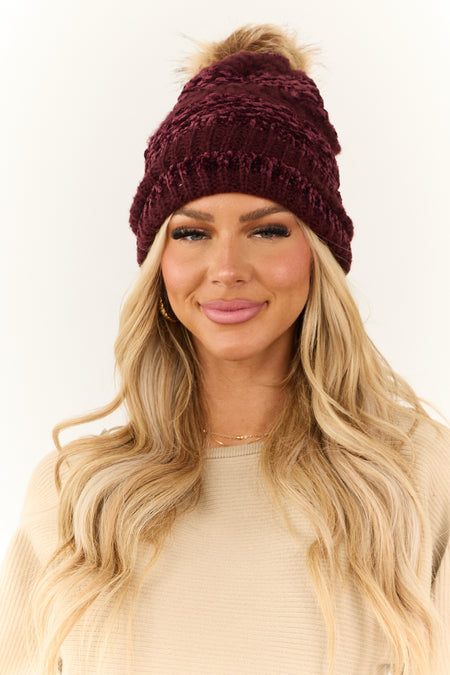 Wine Striped Chenille Knit Pom Pom Beanie