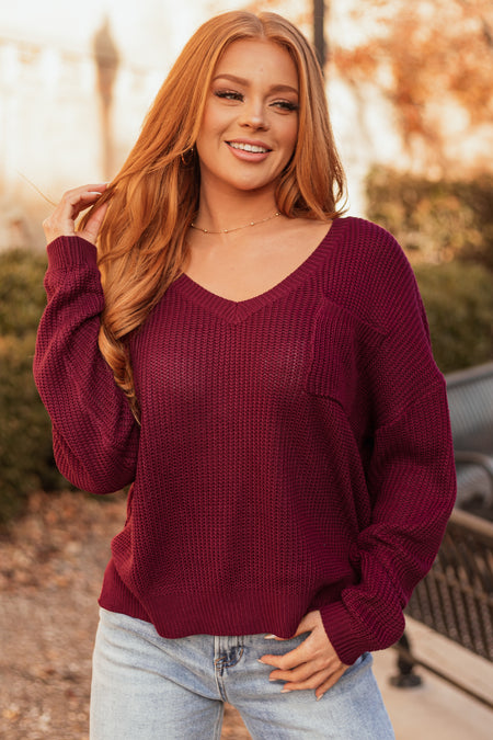 Wine V Neck Chest Pocket Knit Sweater