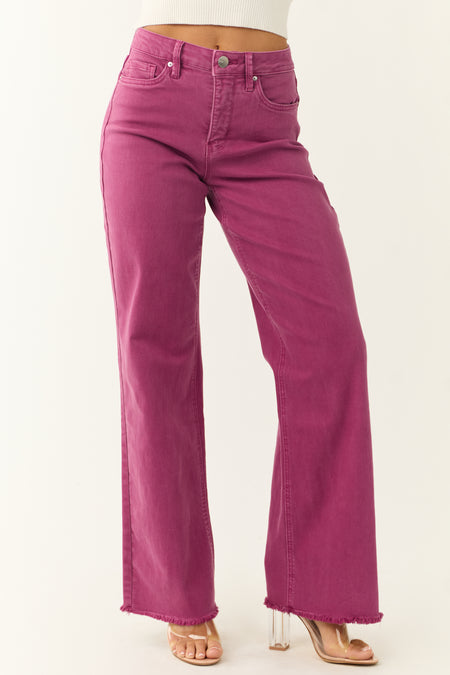 YMI Boysenberry Wide Leg Frayed Hem Jeans