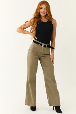 YMI Olive Wide Leg Frayed Hem Jeans