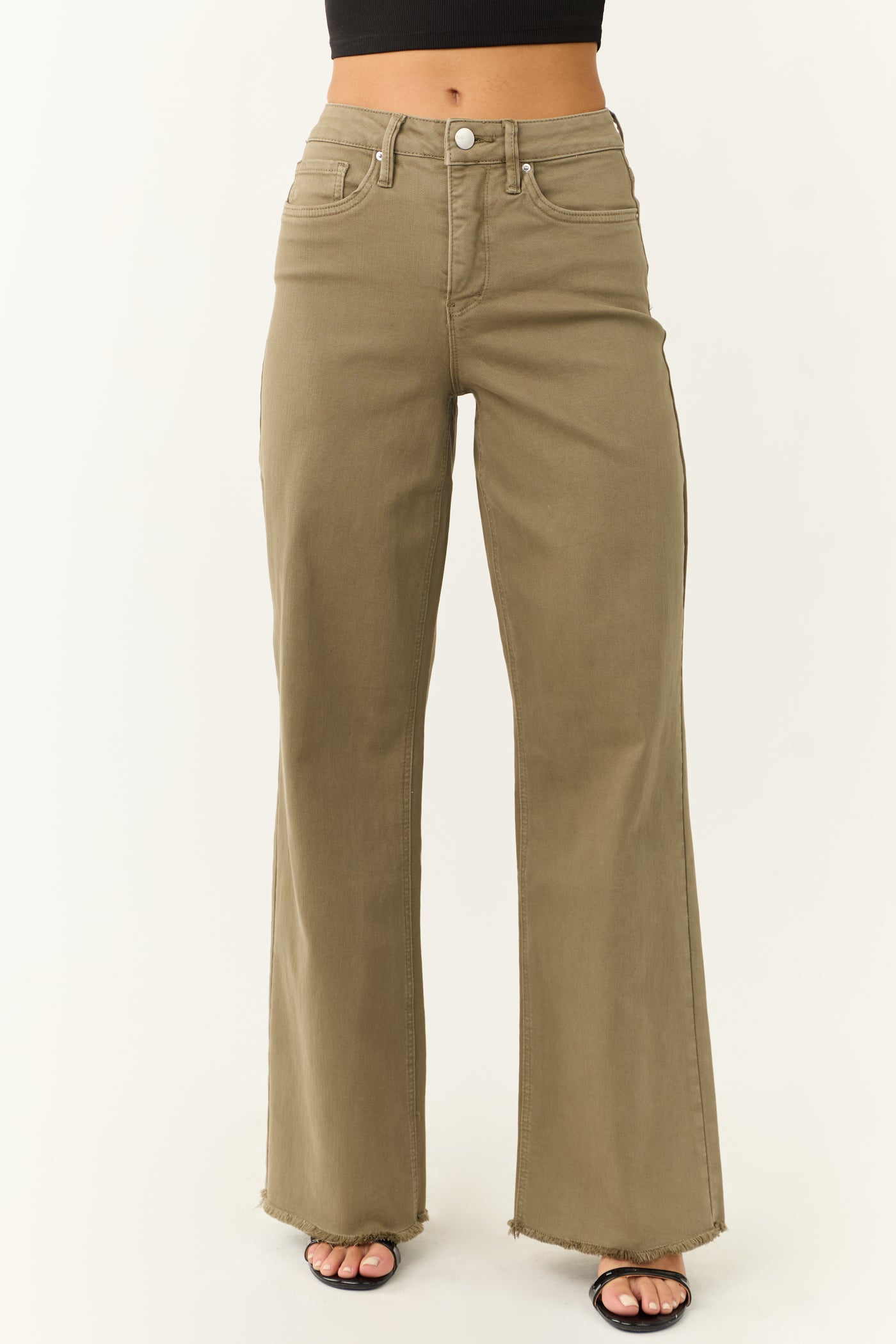 YMI Olive Wide Leg Frayed Hem Jeans