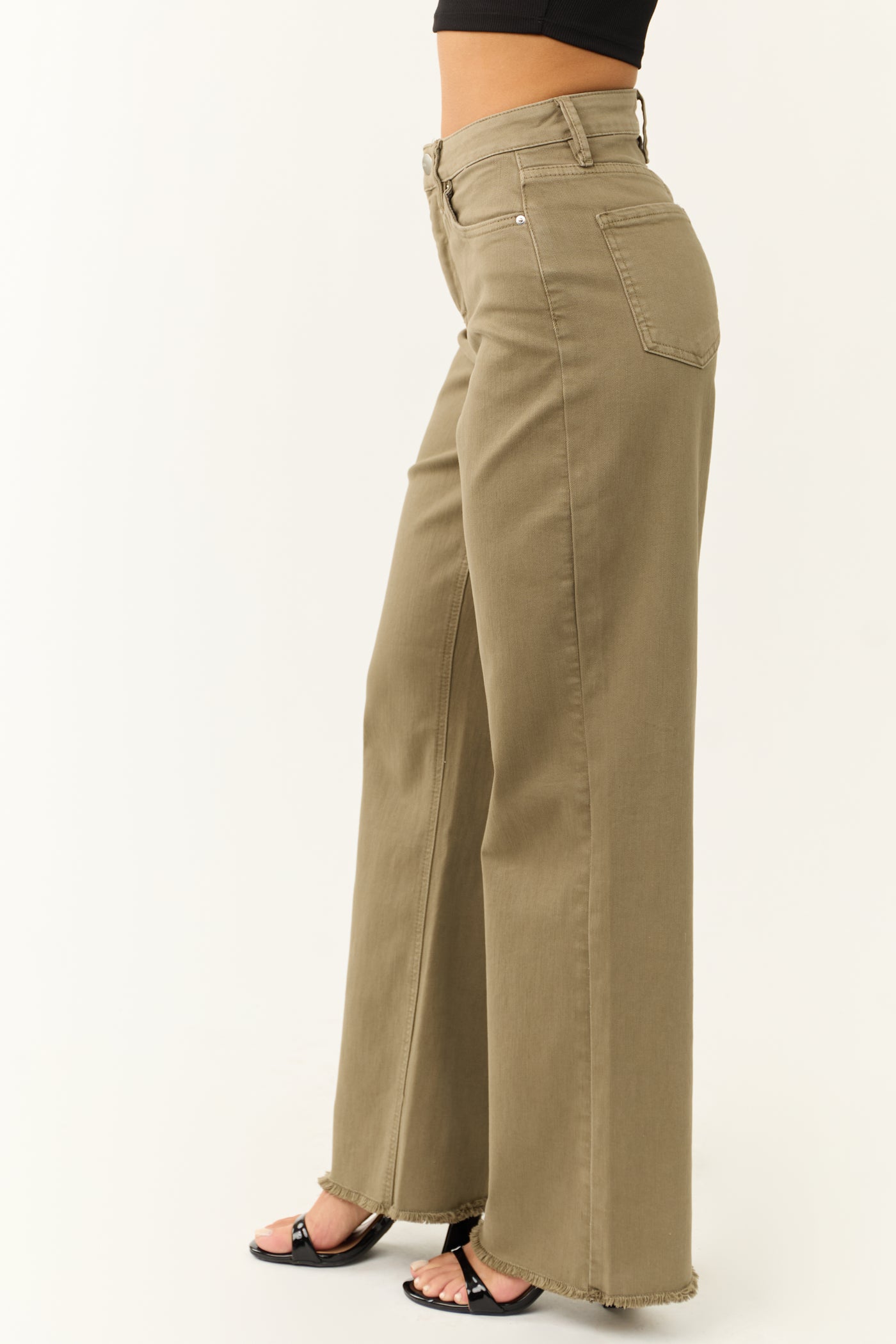 YMI Olive Wide Leg Frayed Hem Jeans