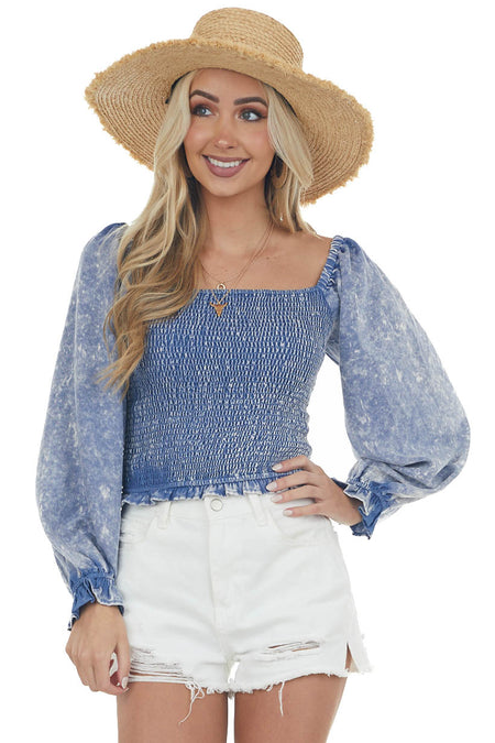 Acid Wash Chambray Smocked Puff Sleeve Blouse