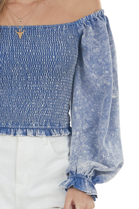 Acid Wash Chambray Smocked Puff Sleeve Blouse