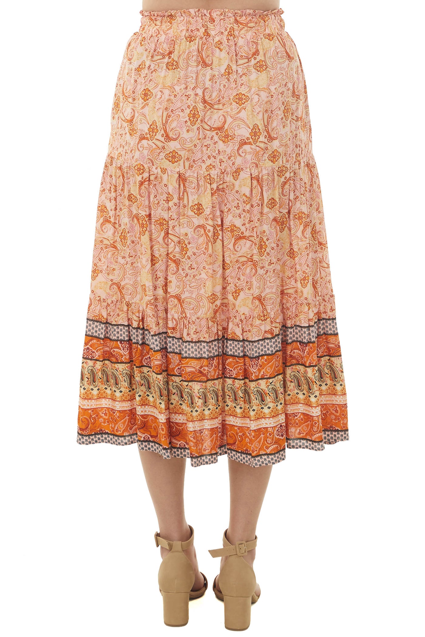 Baby Pink Border Print Tiered Woven Midi Skirt