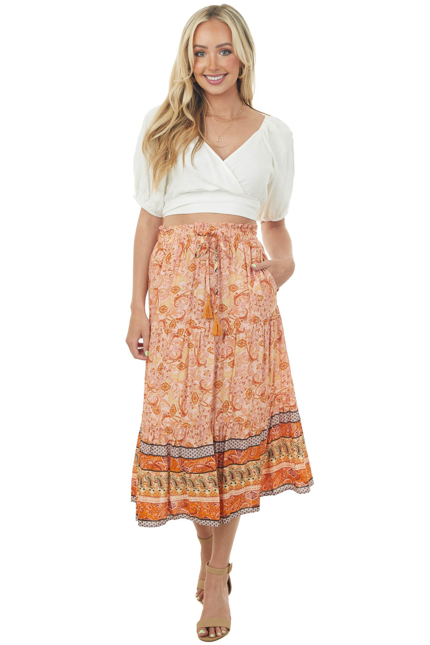 Baby Pink Border Print Tiered Woven Midi Skirt