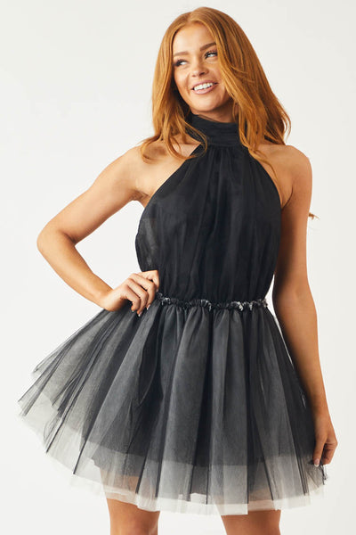 Pleated tulle dress with a halter neckline for events