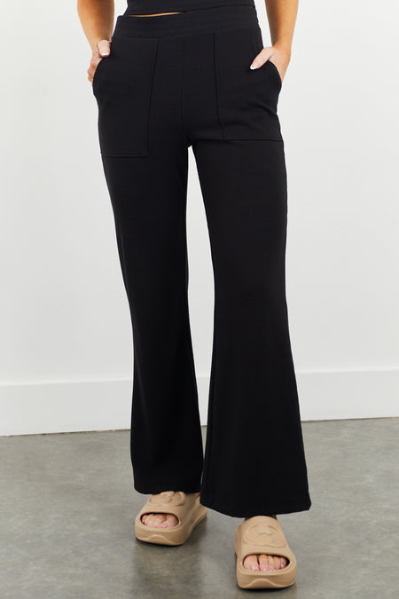 Black Ribbed Knit Wide Leg Comfy Pants