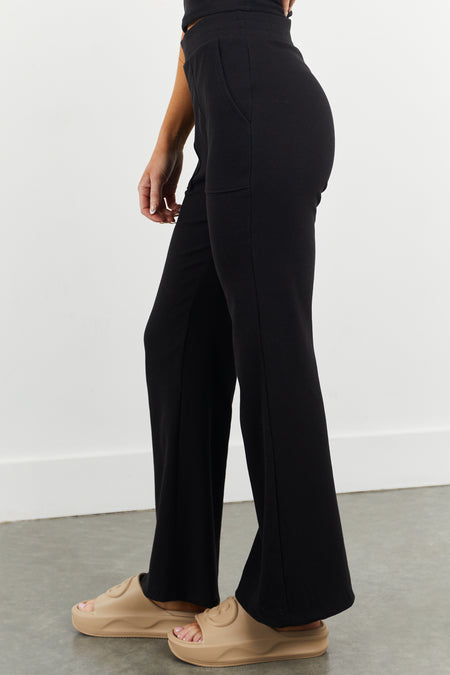 Black Ribbed Knit Wide Leg Comfy Pants