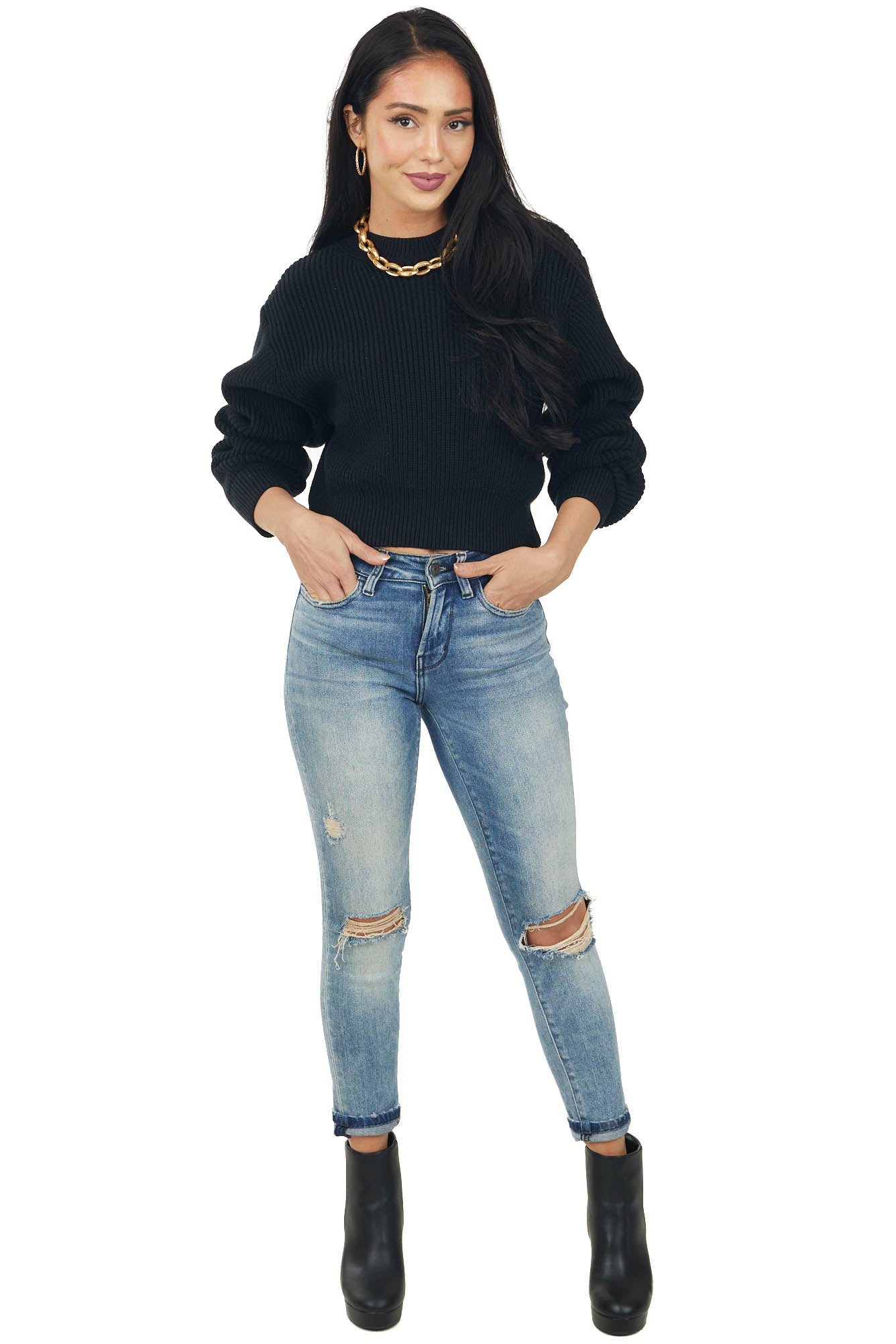She+Sky Black Thick Ribbed Cropped Sweater Top