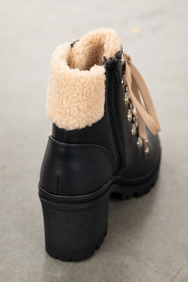 Black Lace Up Lug Boots with Faux Fur Detail