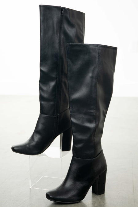 Black Pleather Square Toe High Heel Boots