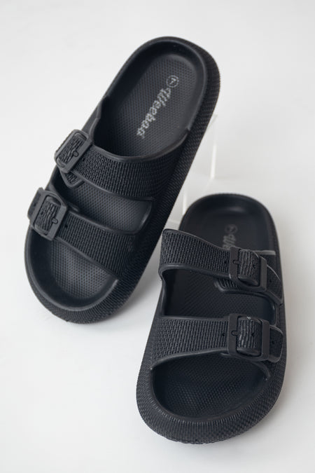 Black Textured Double Strap Slip On Sandals