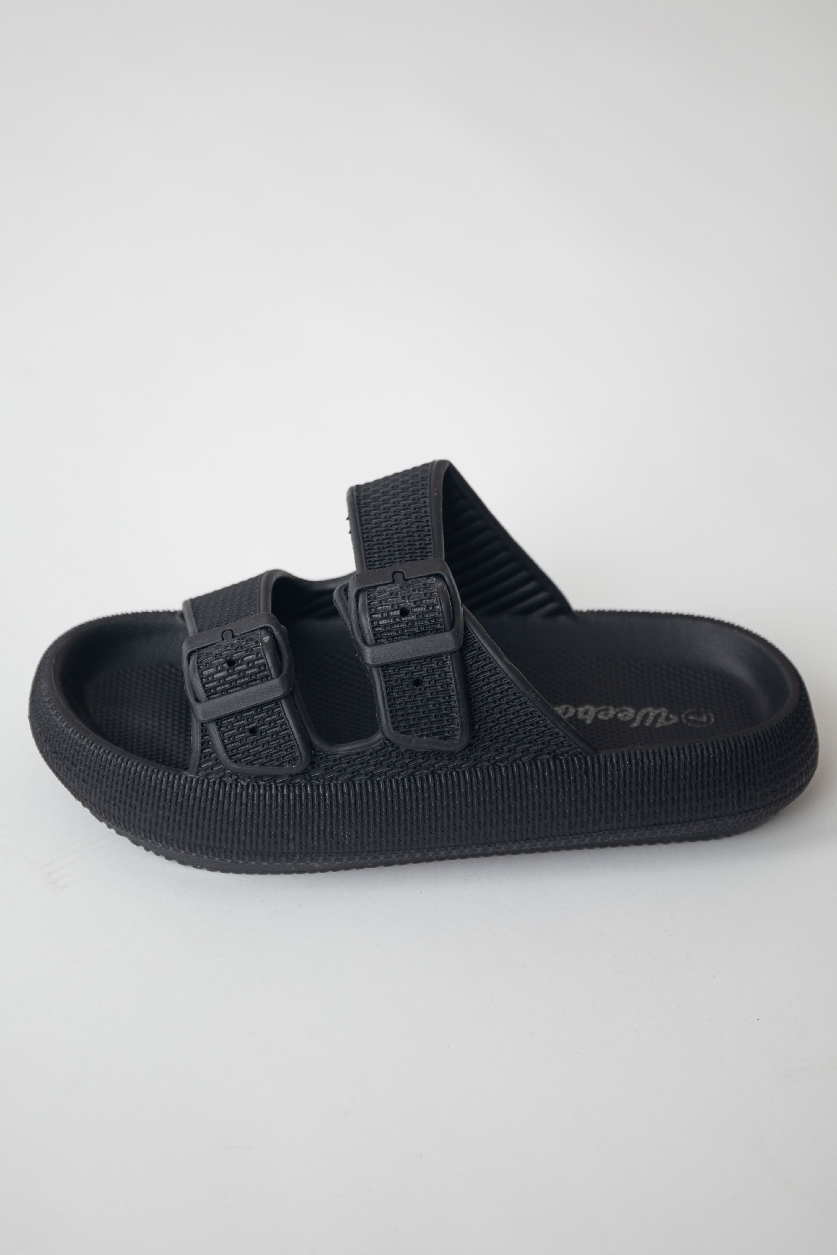 Black Textured Double Strap Slip On Sandals