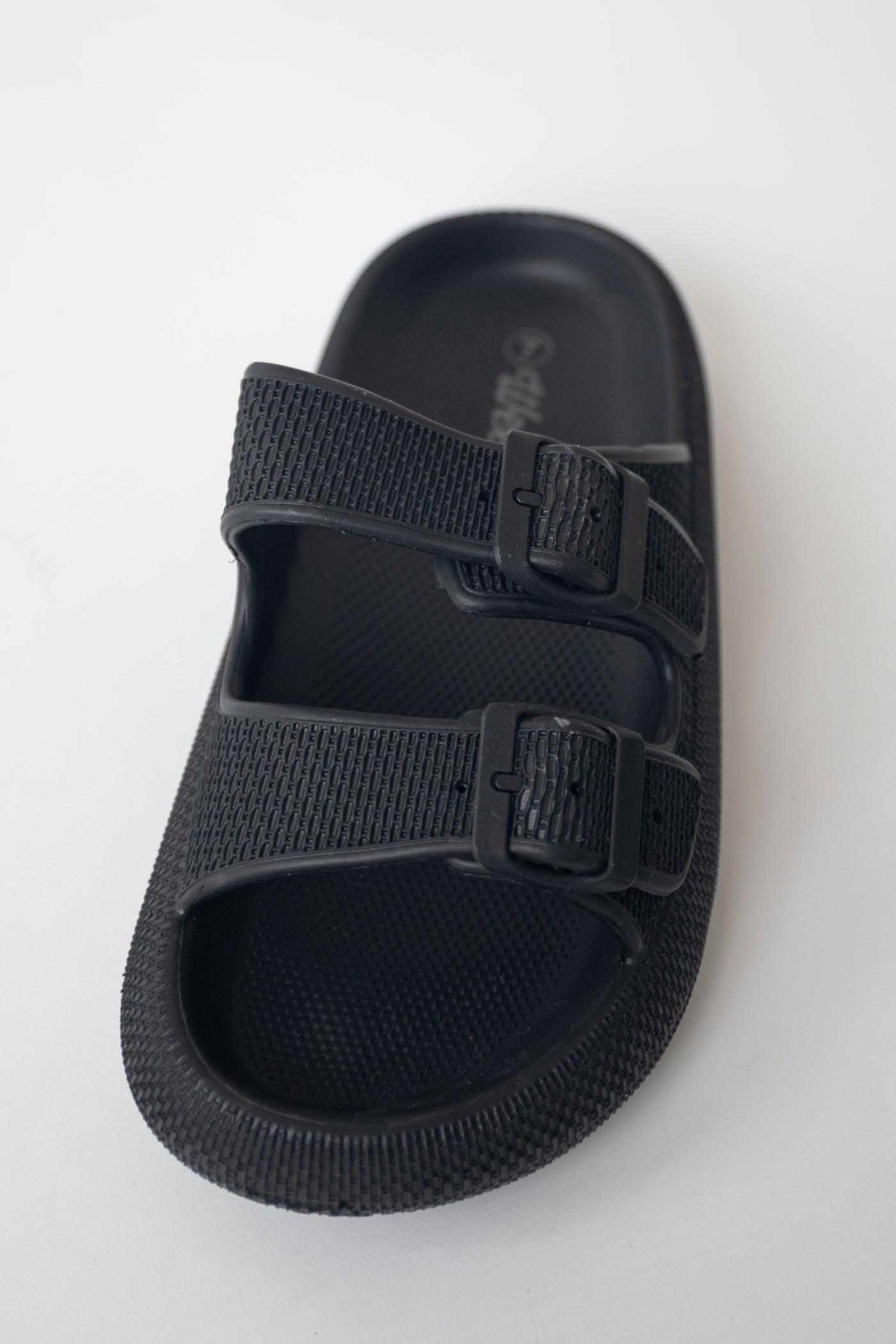 Black Textured Double Strap Slip On Sandals