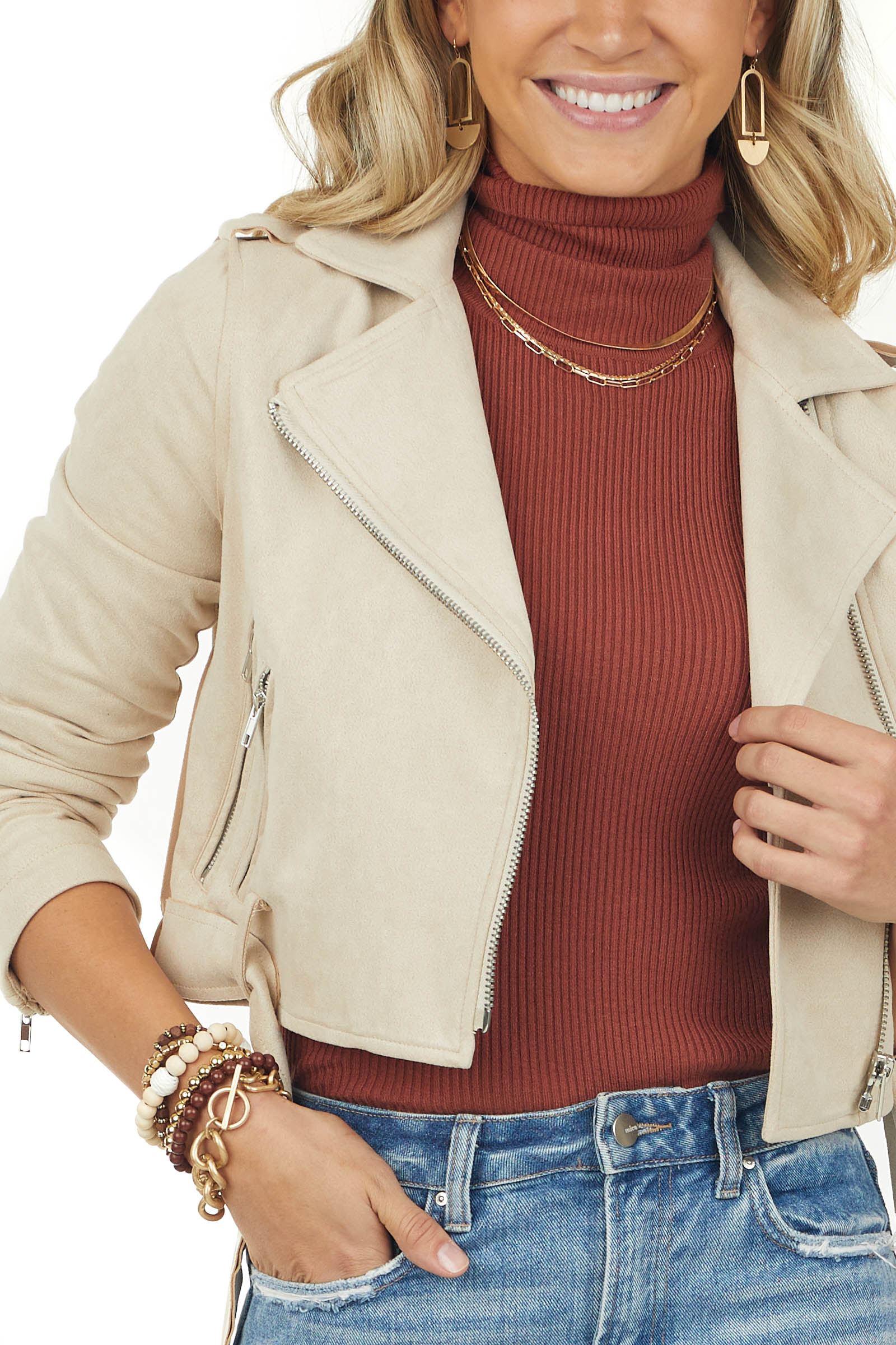 Camel Faux Suede Zip Up Cropped Moto Jacket