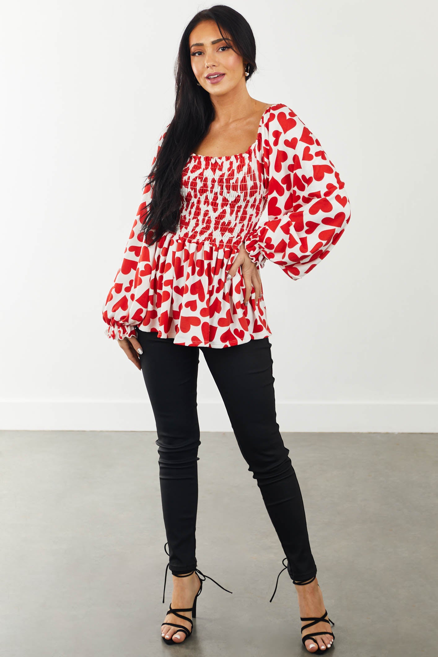 Cherry Heart Print Smocked Puff Sleeve Knit Top