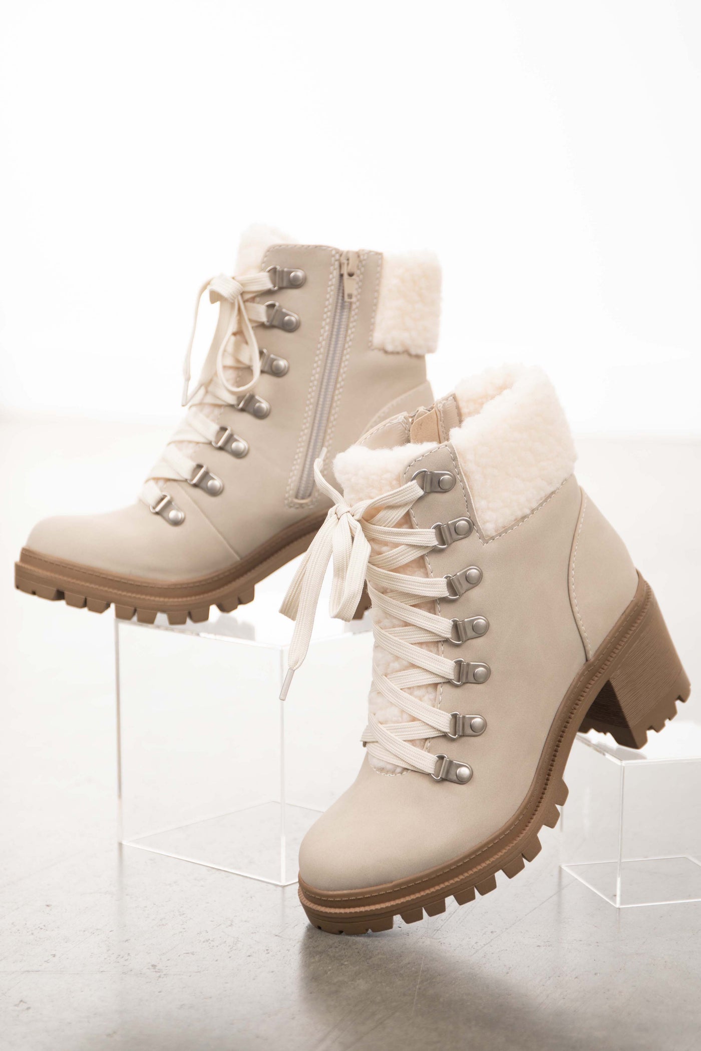 Coconut Lace Up Lug Boots with Faux Fur Detail