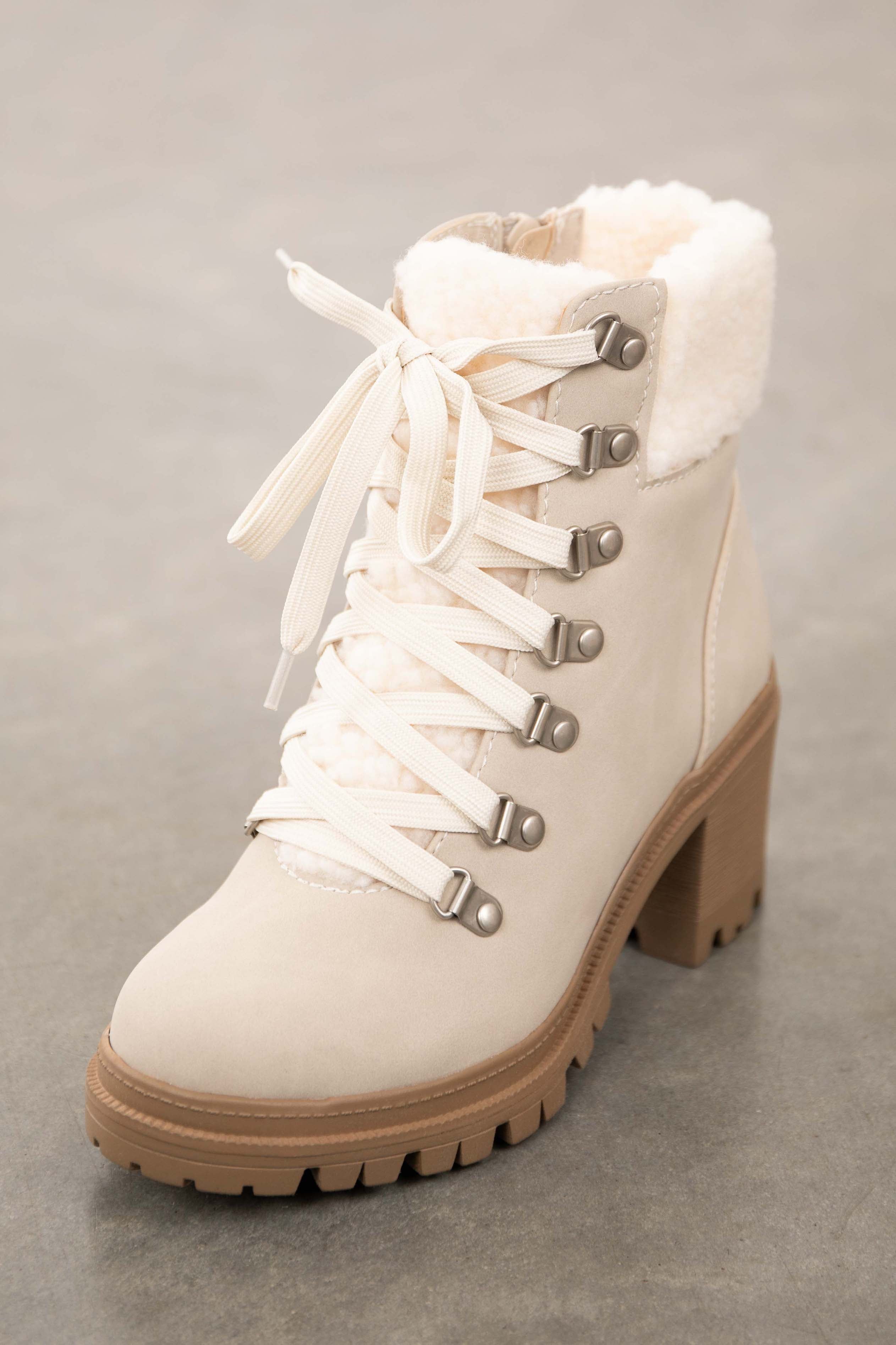 Coconut Lace Up Lug Boots with Faux Fur Detail