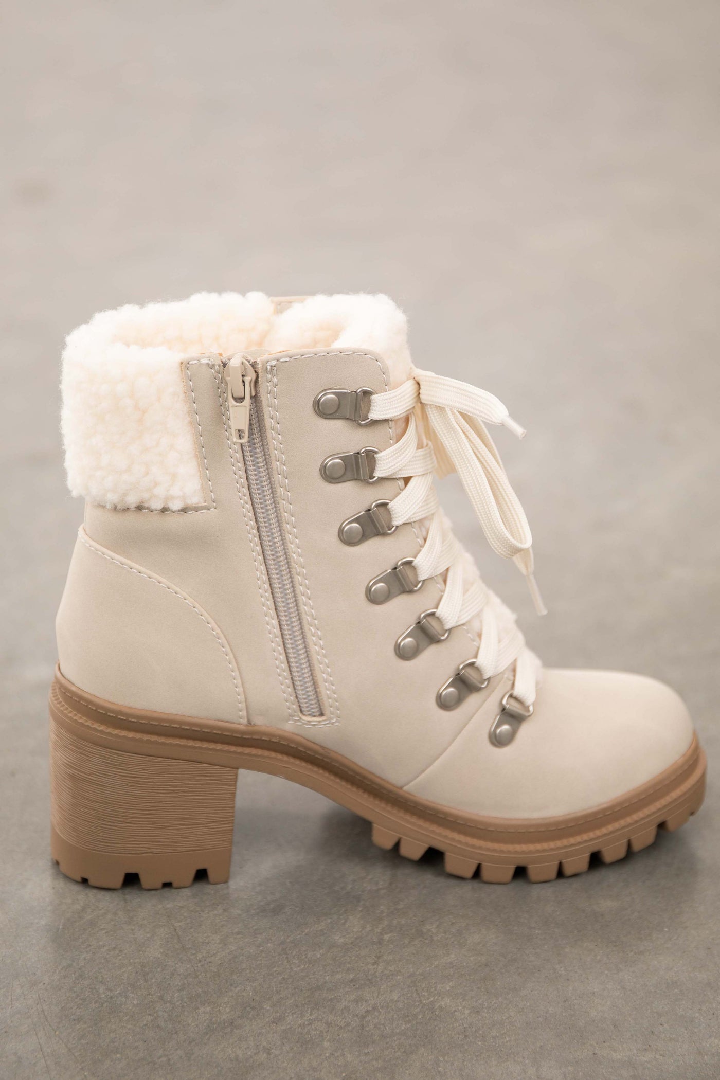 Coconut Lace Up Lug Boots with Faux Fur Detail