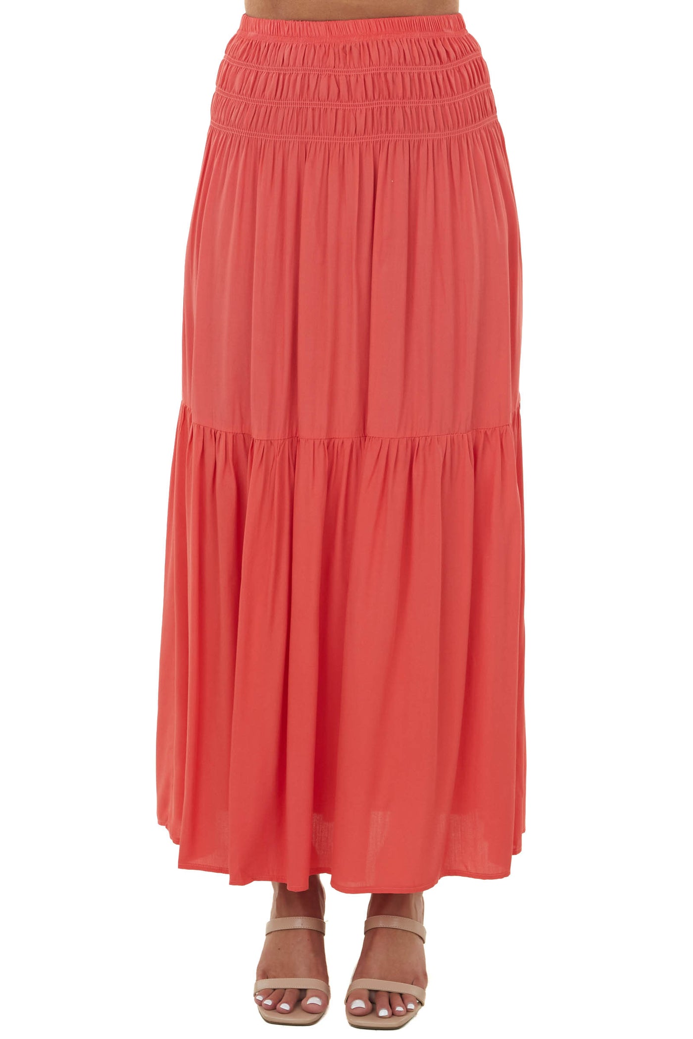 Coral Smocked Waist Tiered Woven Maxi Skirt