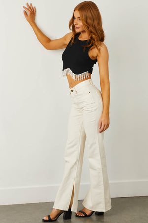 Cream High Rise 90s Flare Jeans with Side Slits