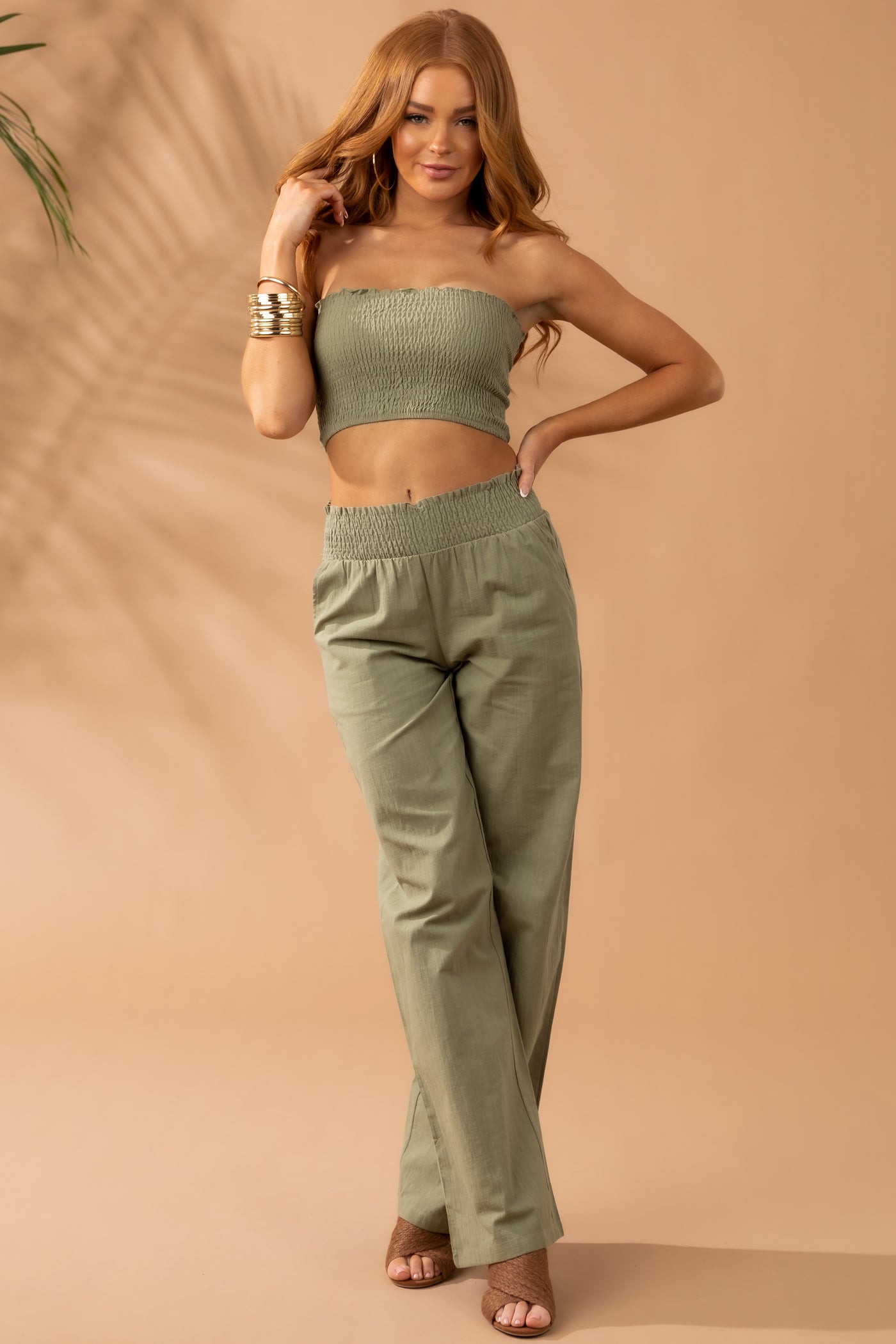 Dusty Olive Linen Bandeau and Pants 2 Piece Set