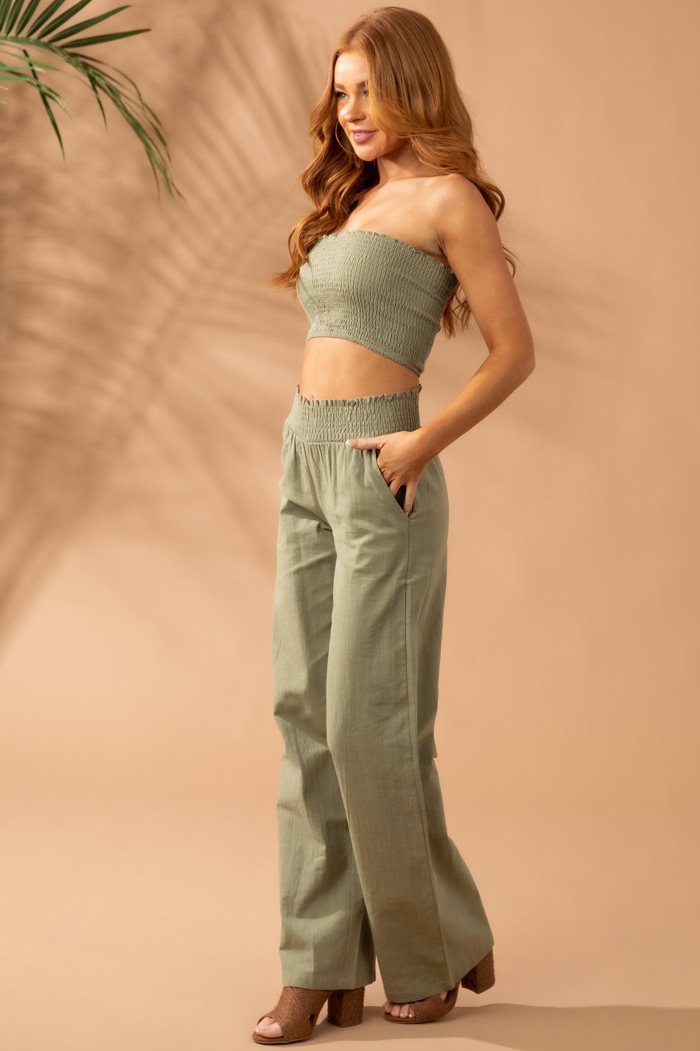 Dusty Olive Linen Bandeau and Pants 2 Piece Set