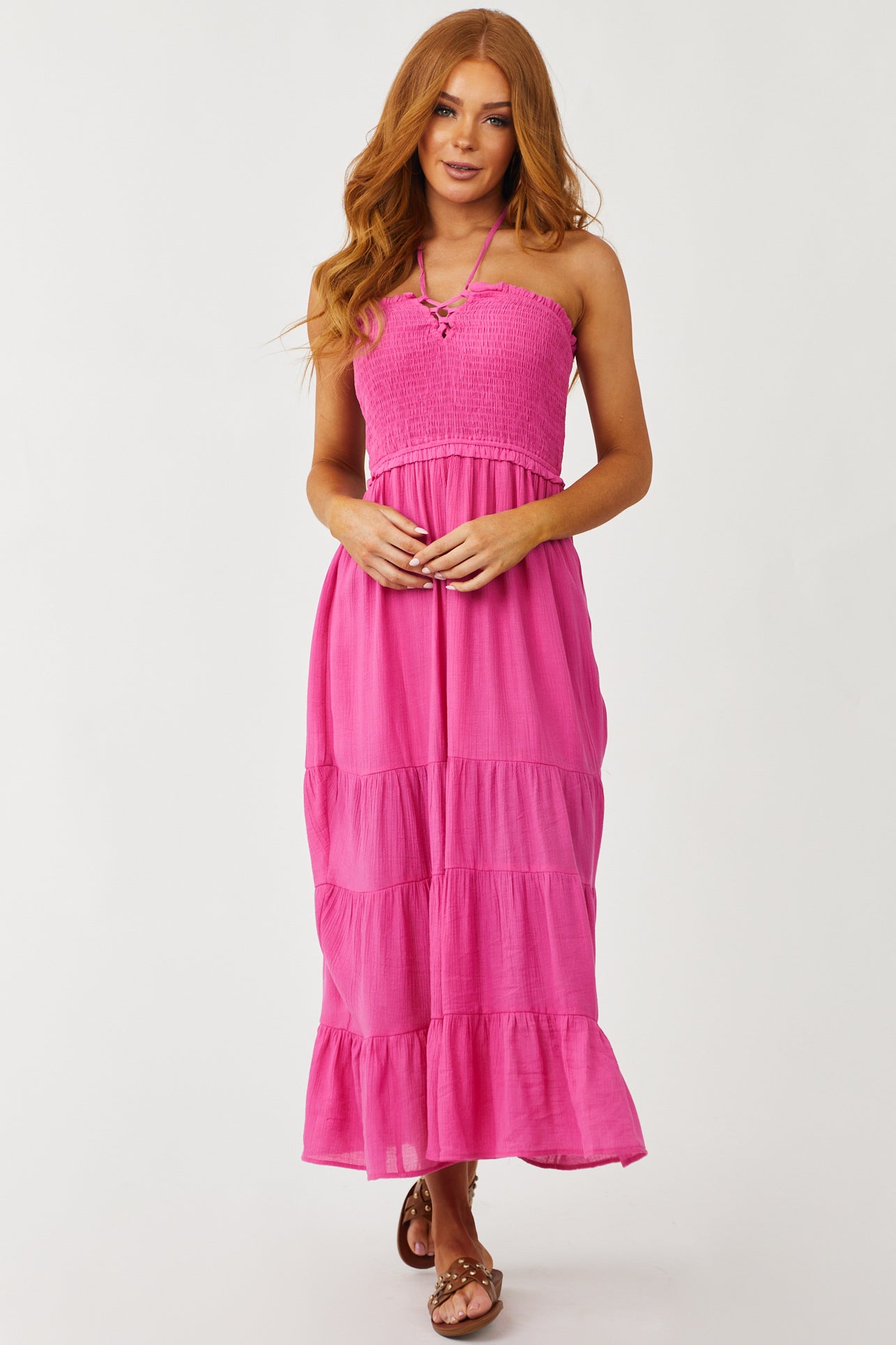 Fuchsia Halter Tie Smocked Bodice Midi Dress | Lime Lush