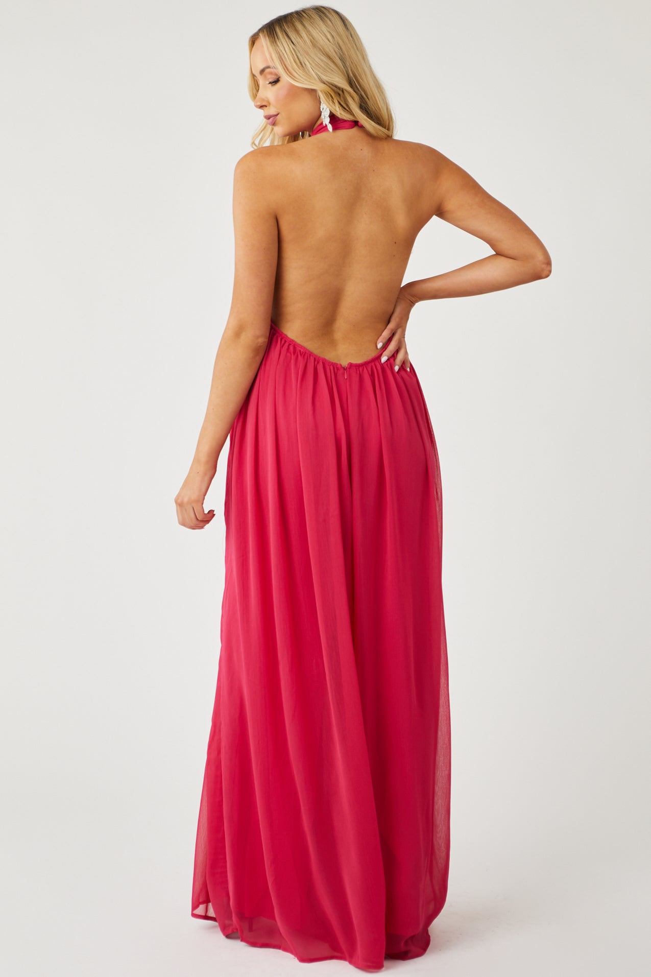 Hot Pink Lined Chiffon Wide Leg Halter Jumpsuit